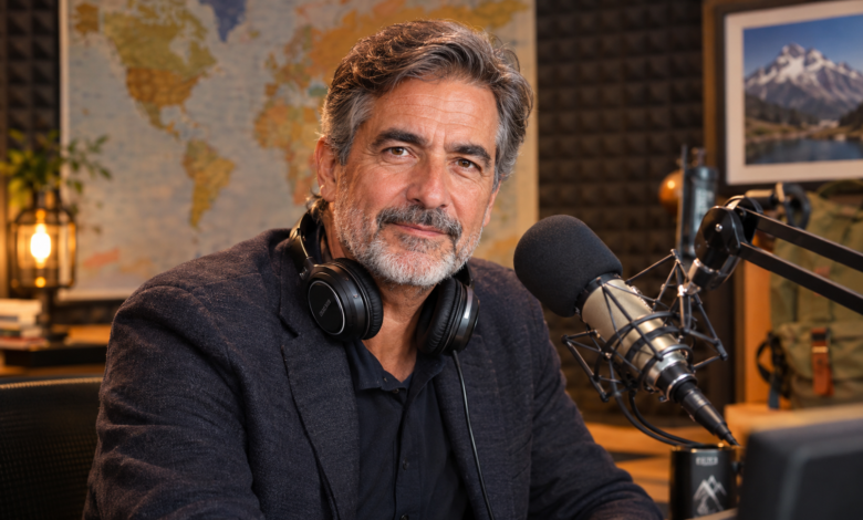 Paco Grande Spanish radio journalist hosting Tiempo de Aventura on RNE in a broadcasting studio